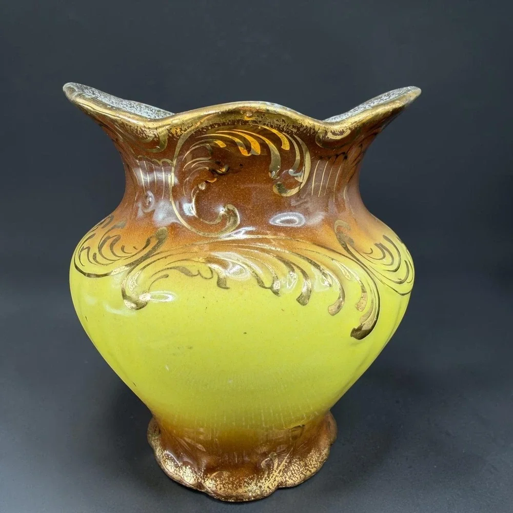Vintage Verona VPCO Porcelain Vase Yellow Brown‎ Ombre Gold Gilt Filigree Vessel
